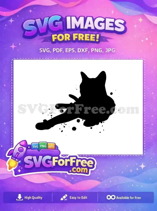 A striking free black cat silhouette with dynamic ink splatters, ideal for diverse design uses. Download this free SVG now!