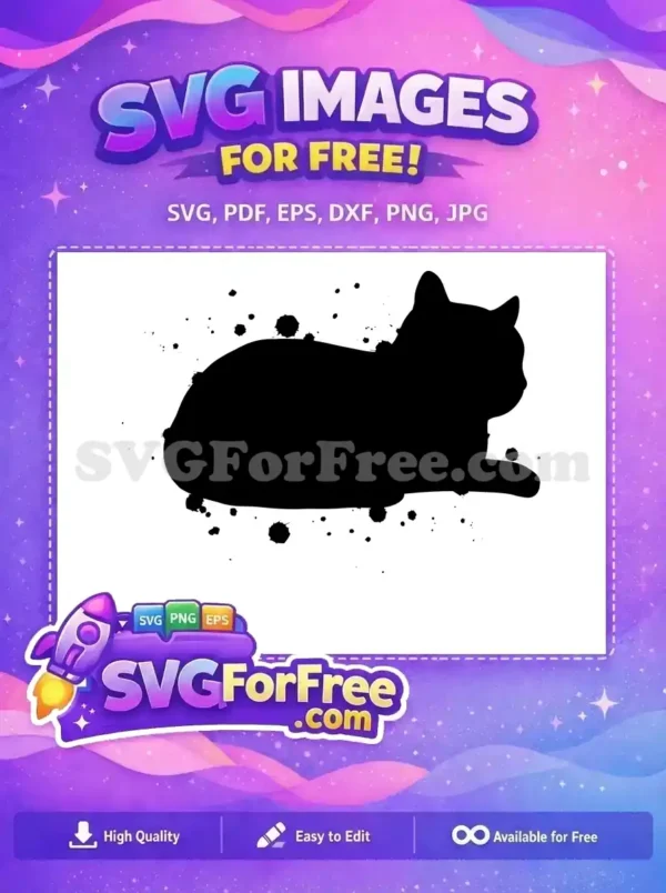 Free Ink Splatter Cat Silhouette Design – Versatile Art A free, stylish black cat silhouette with artistic ink splatters around it, lying down. Ideal for diverse creative projects.