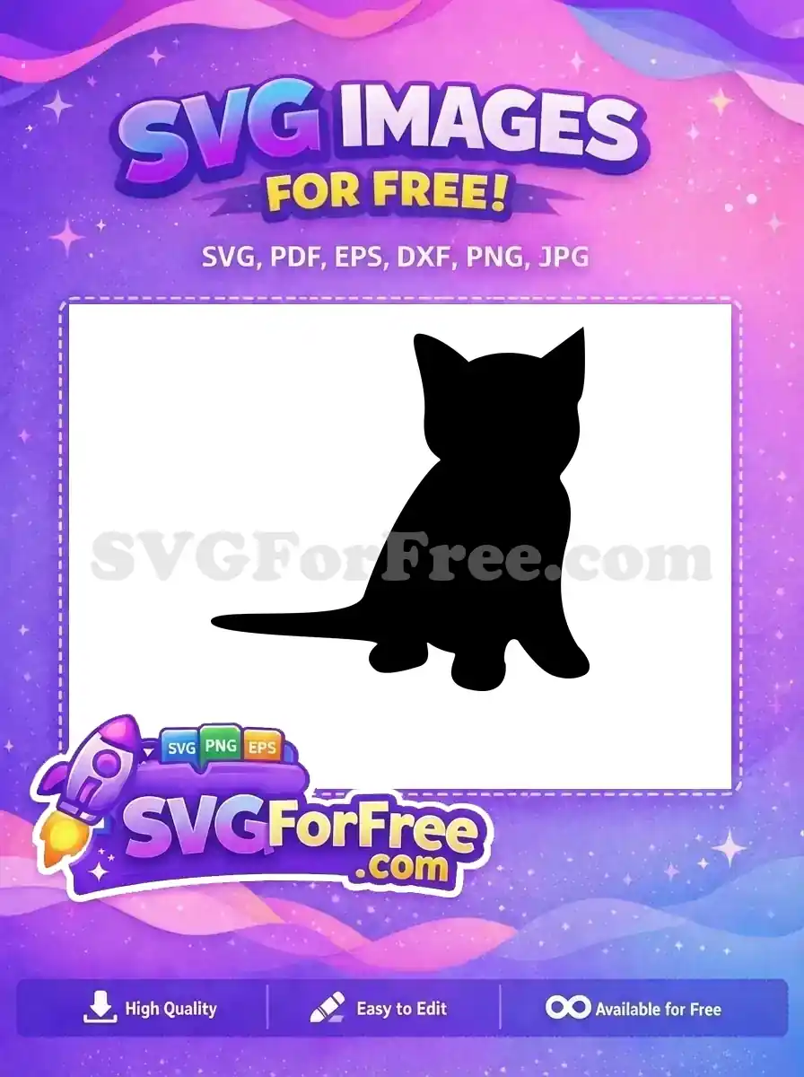 A sleek, minimalist black cat silhouette, sitting gracefully, available as a free SVG design. Ideal for various creative projects.