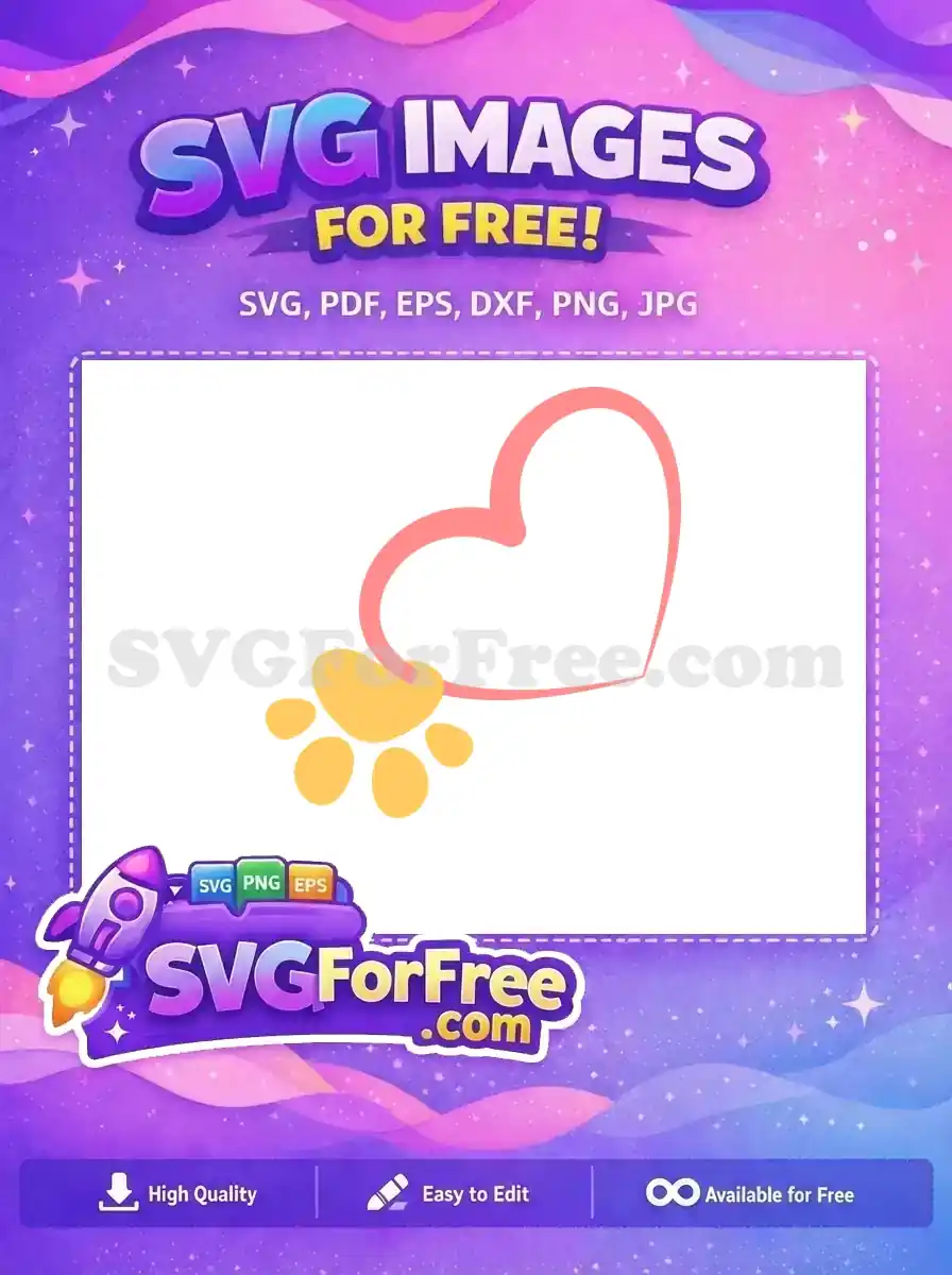 Free design: A heartwarming pink outlined heart cradles a vibrant yellow pet paw print. Celebrate animal love free.