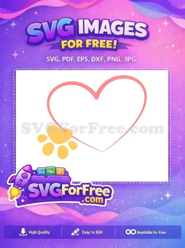 A charming free design featuring a pink heart outline embracing a cute yellow paw print, ideal for pet themes. Download this free SVG now!