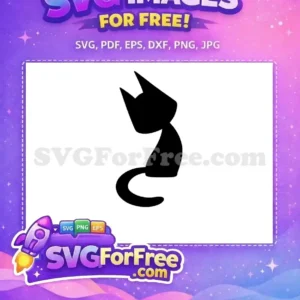 Free Elegant Black Cat SVG Design – Download Now! A stylish, free black cat silhouette SVG, sitting gracefully with its tail curled, ideal for diverse creative projects.