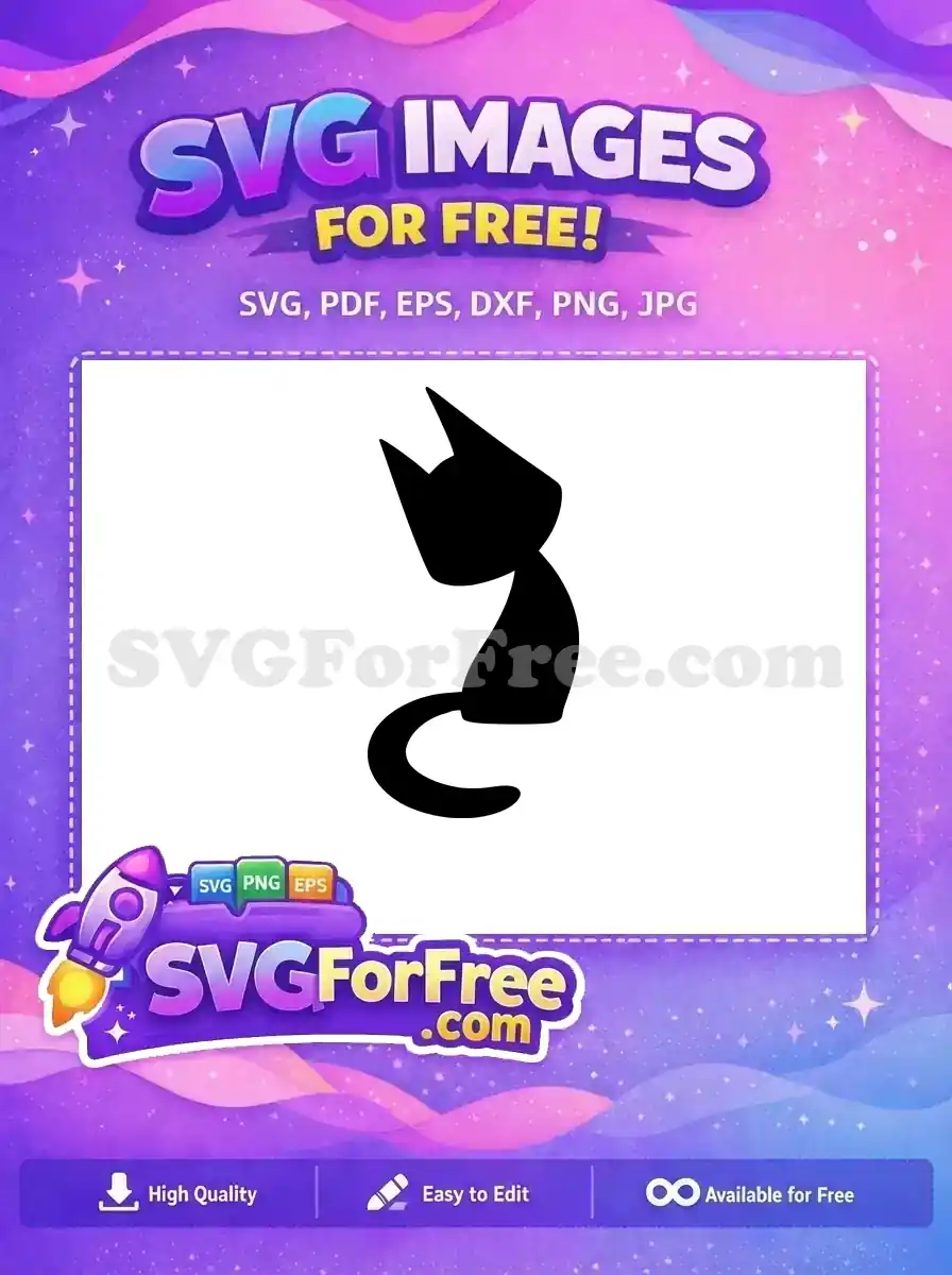 A stylish, free black cat silhouette SVG, sitting gracefully with its tail curled, ideal for diverse creative projects.