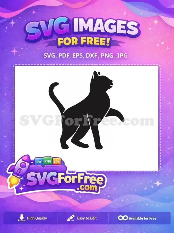 A sleek black cat silhouette, standing with one paw playfully raised, offered as a completely free SVG design.