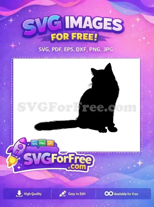 A free fluffy cat silhouette, black on white background, sitting patiently. This free SVG is ideal for pet-themed designs.
