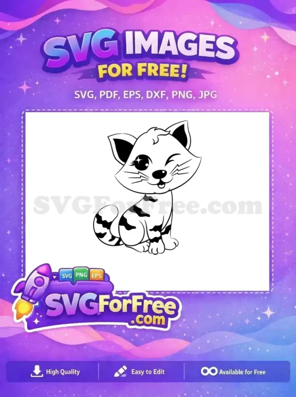 Free Winking Cartoon Cat SVG – Adorable Craft Design A delightful free SVG of a winking cartoon cat with striped fur, ready for various creative projects. Download this charming design free today!