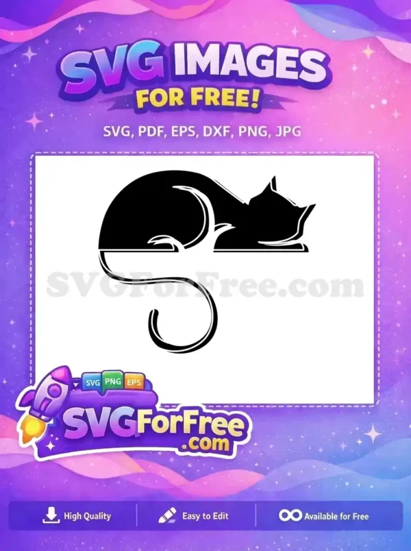 Free Elegant Curled Cat Silhouette SVG Design for Download A free SVG of a graceful black cat silhouette, curled up with an elegant S-curve tail, ideal for creative projects.