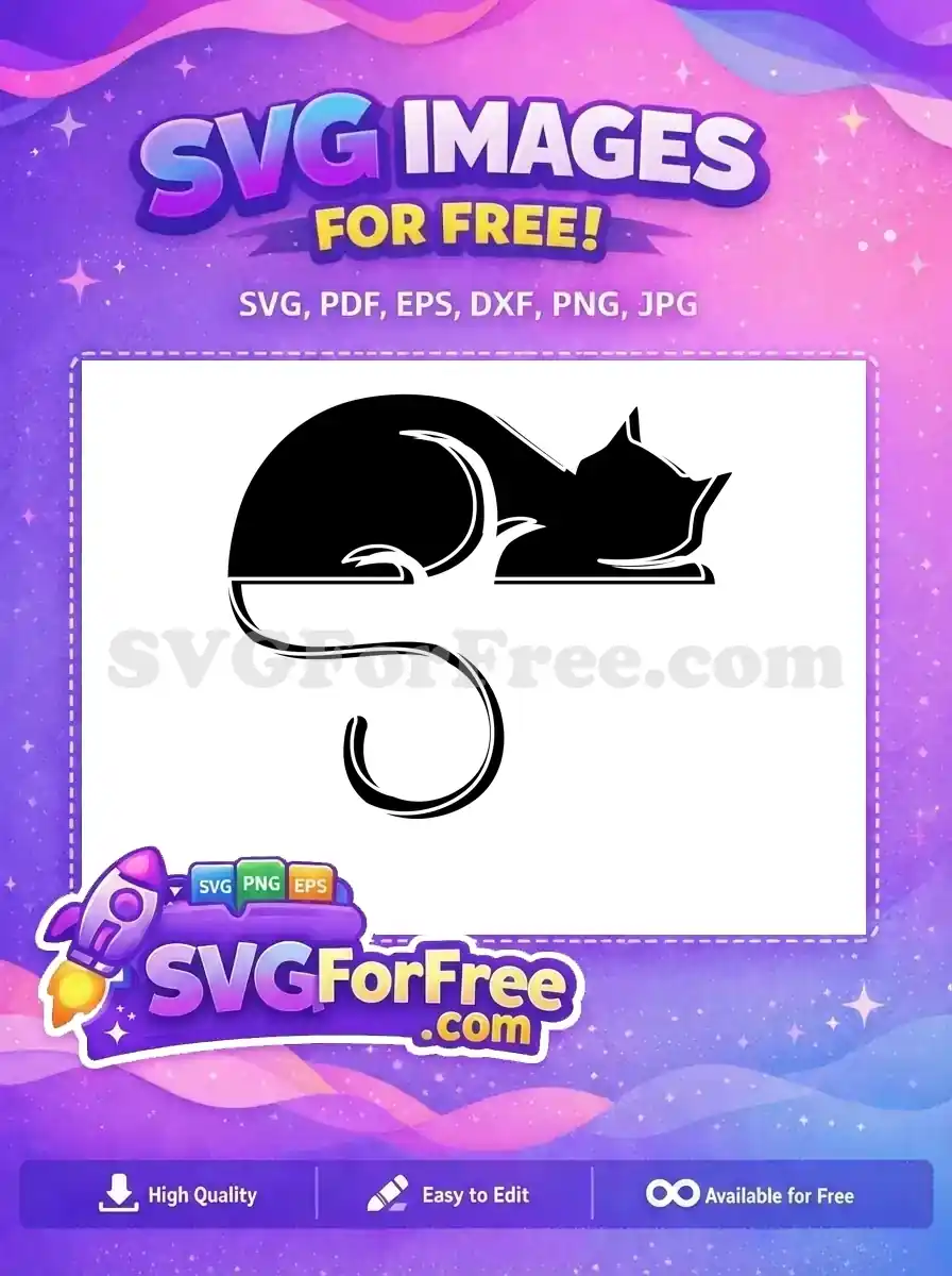 A free SVG of a graceful black cat silhouette, curled up with an elegant S-curve tail, ideal for creative projects.
