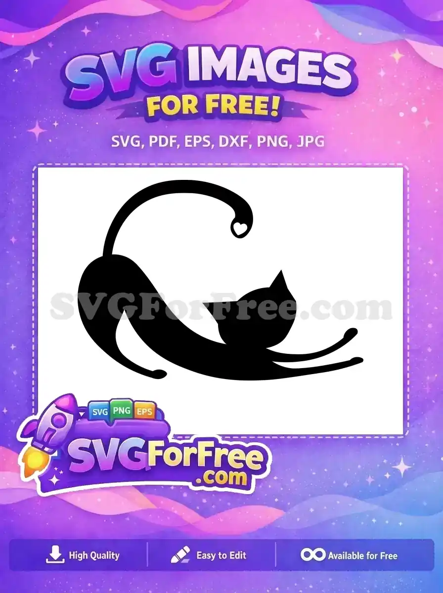 A graceful black silhouette of a stretching cat with a heart-tipped tail. Download this free SVG design for your crafts!