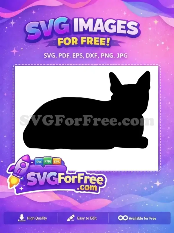 A lovely free black cat silhouette SVG, depicting a feline resting gracefully. Ideal for crafting projects.