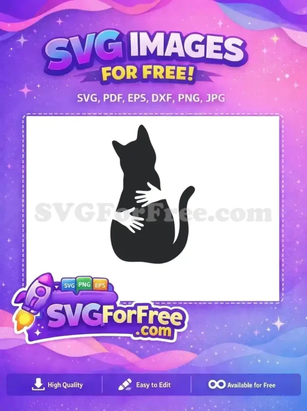Free Cat Hug SVG Design – Embrace Pet Love and Affection A minimalist free SVG illustration of a dark cat in silhouette being lovingly embraced by two white hands, symbolizing pet affection.