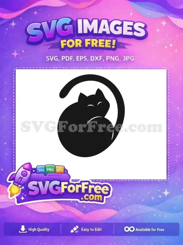A minimalist black silhouette of a curled, sleeping cat. This free design adds cozy charm to any creative project.