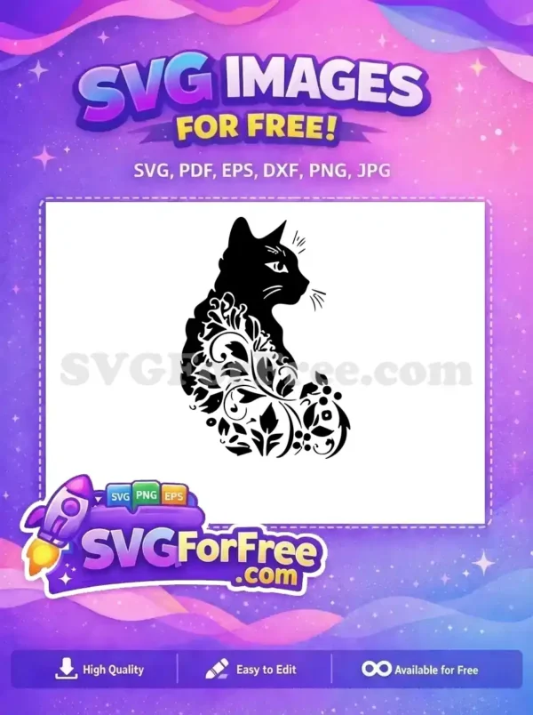 A free, ornate black silhouette of a cat featuring intricate floral and scrollwork details on its body, perfect for crafts.