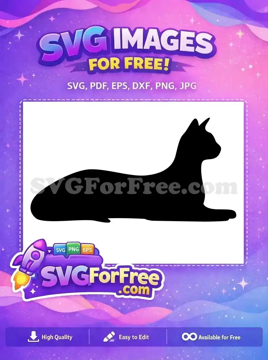 A sleek black free cat silhouette, lying gracefully, ready for your next creative project. This free design is purr-fect!