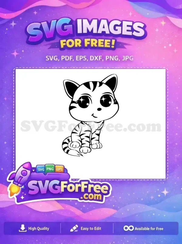 Free Cute Tiger Cub SVG Design – Charming Animal Art A free adorable black and white cartoon tiger cub sitting, with large sparkling eyes. A charming free vector art.