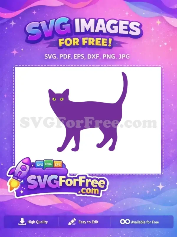 A free vibrant purple cat silhouette with striking green eyes, standing elegantly. Ideal for various creative projects.
