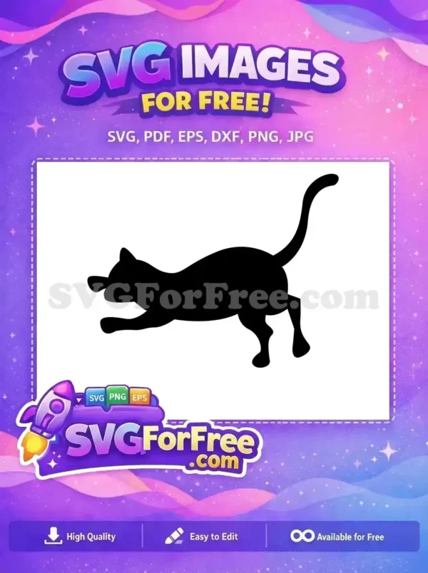 A free design featuring a sleek black silhouette of a cat in a playful, pouncing stance with its tail high. This free SVG is ideal for crafts and digital art.