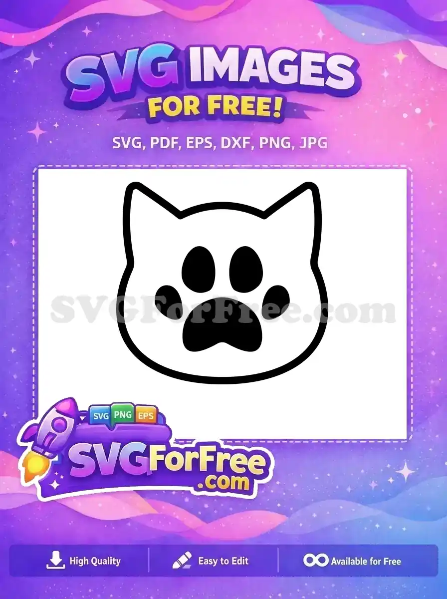 A free adorable black outline of a cat's head containing a solid black cat paw print, ideal for free pet-themed SVG projects. This free design is versatile.