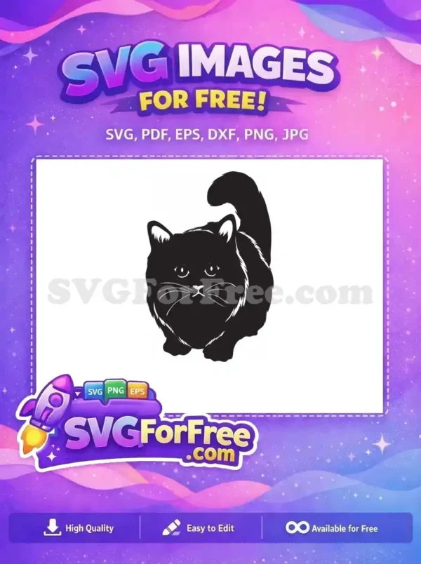 A free charming black fluffy cat SVG silhouette, perfect for Cricut or digital art. This free design adds feline grace.