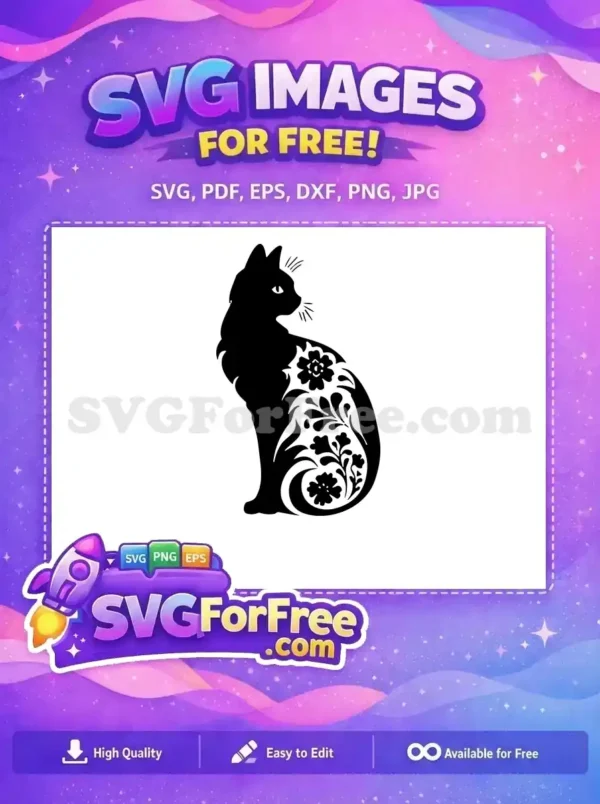 This free SVG features an elegant black cat silhouette adorned with beautiful white floral patterns. A versatile free design for crafts and decor, perfect for cat lovers.