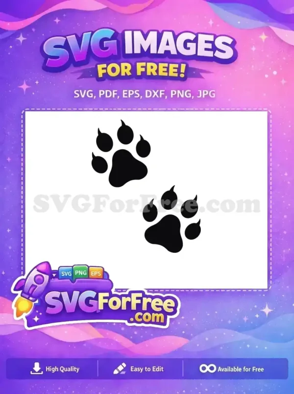 A crisp, free black paw print SVG design on a white background, showcasing a large pad and four clawed toes. This free vector is ideal for various uses.