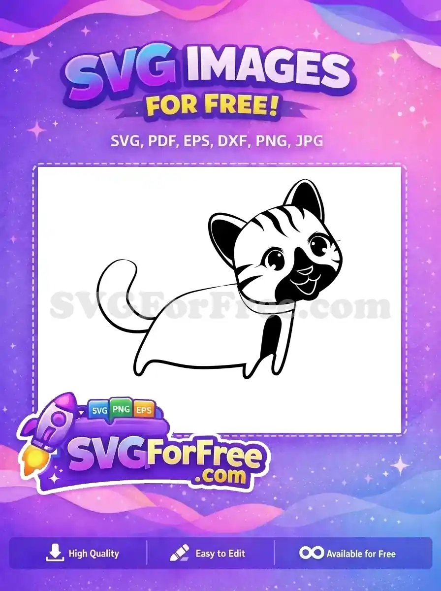 A charming, free black and white cartoon cat SVG, featuring a playful expression and bold lines, ideal for free crafting projects. Download this lovely free design today.