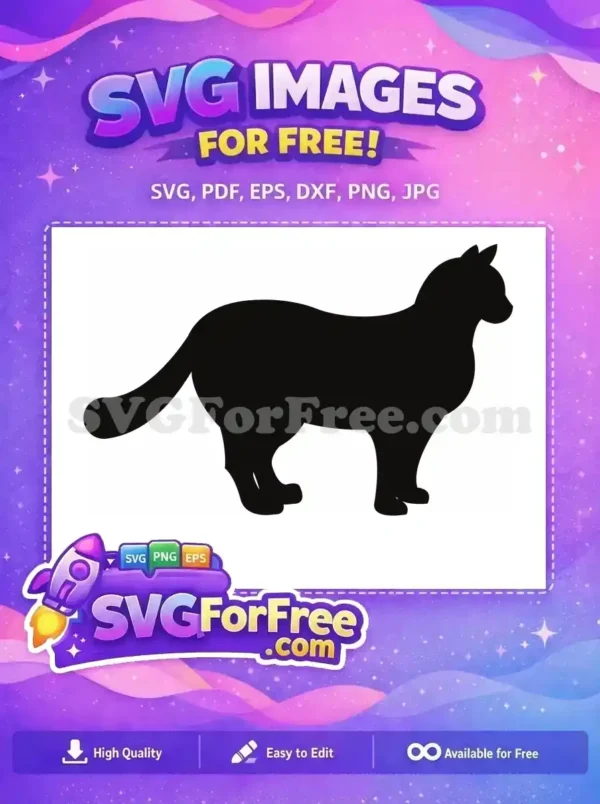 Free Cat Silhouette SVG – Elegant Feline Design Download A free sleek black cat silhouette standing, ready for download. This versatile free SVG design is perfect for various creative projects.