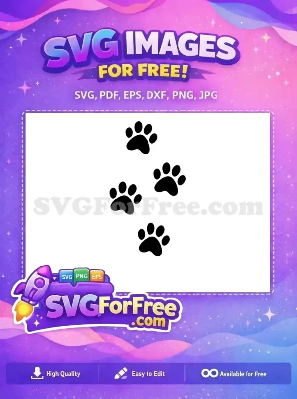 Free Paw Print Design: Adorable Animal Trace SVG for You! Four distinct black paw prints scattered on a clean white background. This free design is ideal for pet-themed creations, offering a charming and simple free SVG vector for various projects.