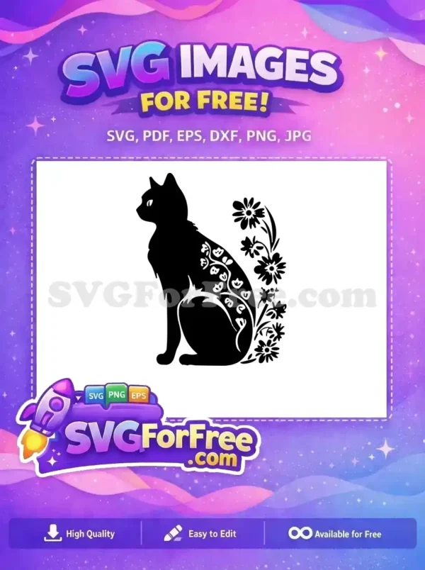 A free elegant black cat silhouette with intricate white floral patterns and decorative flowers behind it. A beautiful free SVG design.
