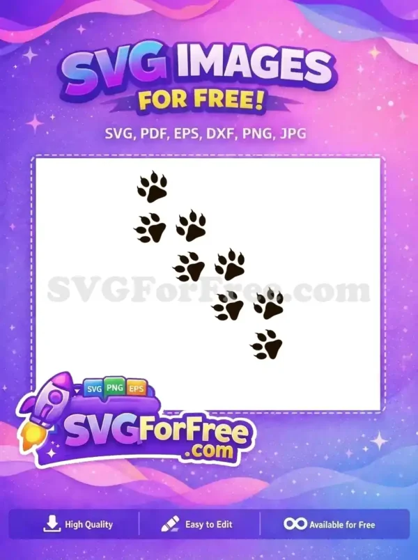 A striking free design showcasing a diagonal trail of dark animal paw prints with prominent claws on a white background. Ideal free vector art.