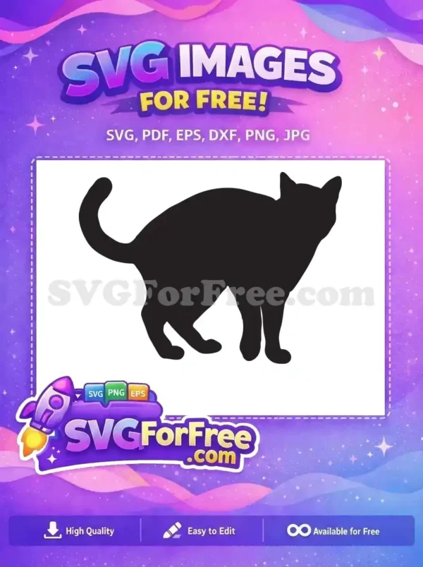 A sleek, free black cat silhouette SVG design, poised and elegant, ideal for crafting and digital projects. Download this free animal graphic for instant use.