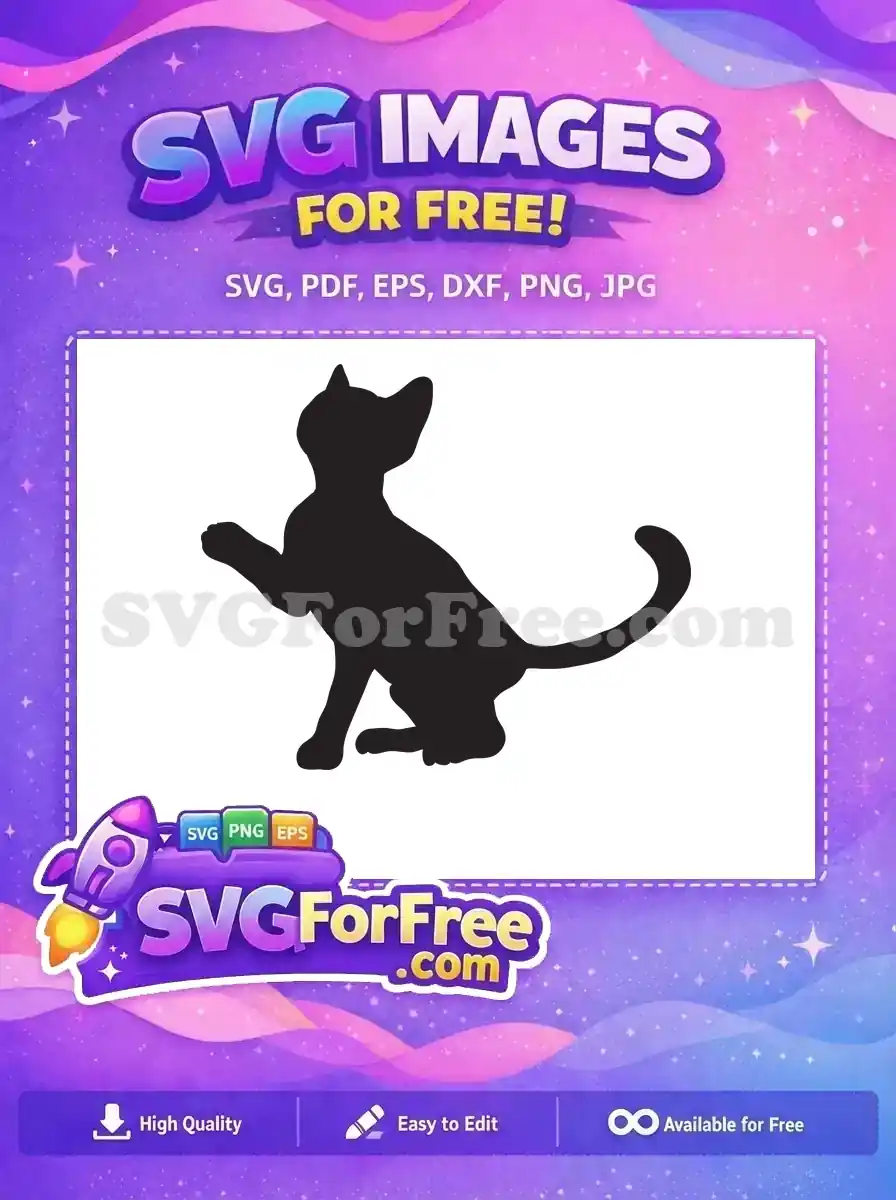 A captivating free black cat silhouette, sitting playfully with a raised paw, ideal for various free craft projects and designs.