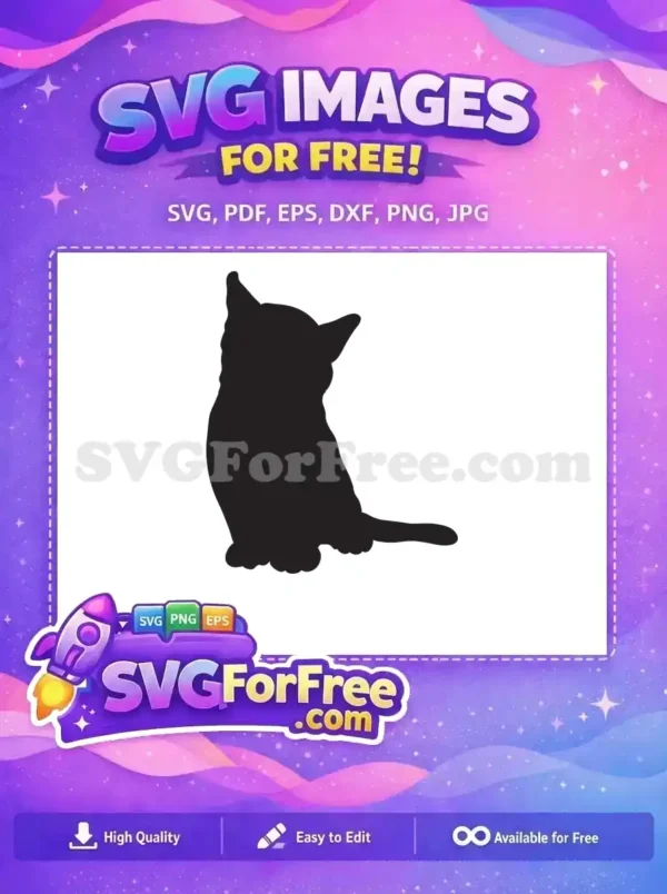 Free Sitting Cat Silhouette Design – Download Now! A free black silhouette of a cat sitting gracefully, looking to the right. Ideal for various free crafting and design projects.