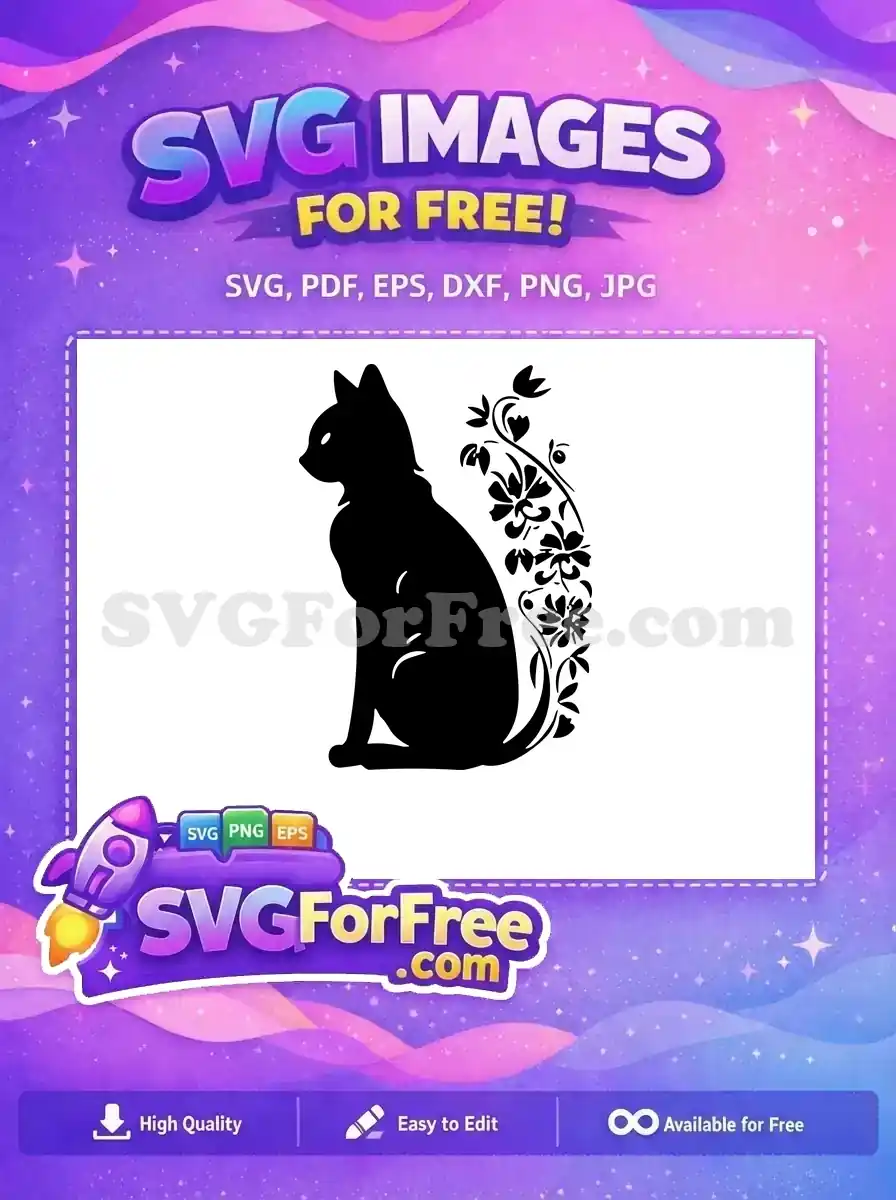 A free design featuring a stylish black cat silhouette adorned with intricate floral elements. Perfect free vector art for crafts.