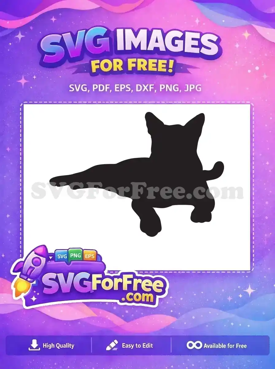 A free dog silhouette SVG, depicting a small dog lying down, stretching its front paw. Ideal for various creative projects.