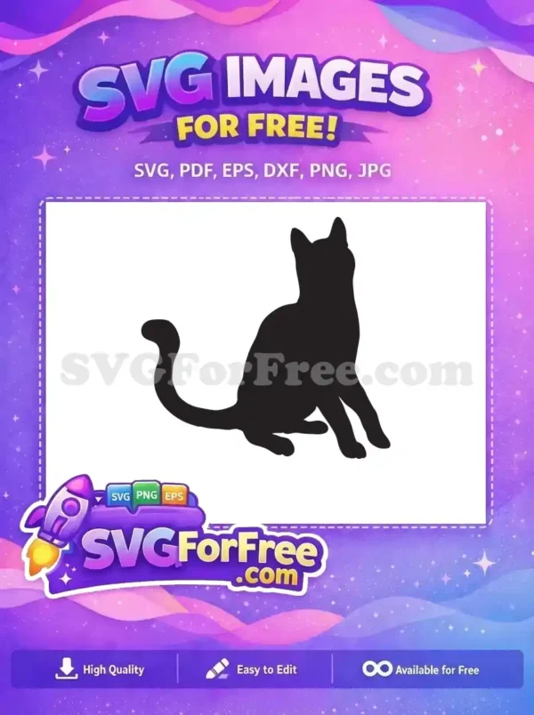 A sleek black cat silhouette, a free design, sitting gracefully. This versatile free SVG is ideal for crafts.