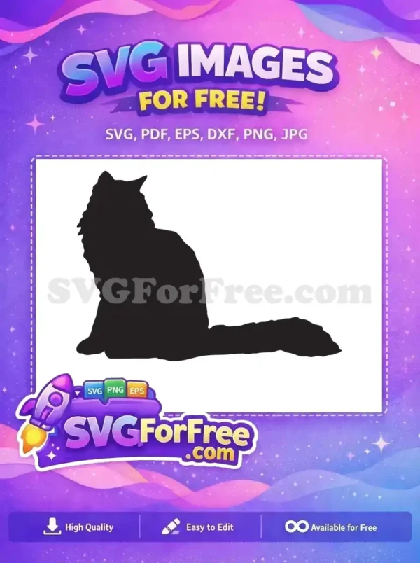 A beautiful free long-haired cat silhouette, sitting gracefully, ideal for various creative projects. Download this free pet design now!