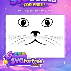 Cute Animal Face Free SVG Design – Whiskers & Eyes Free A free SVG of a cute, cartoon animal face featuring large eyes, a small nose, and long whiskers. Ideal free design for kids' crafts.