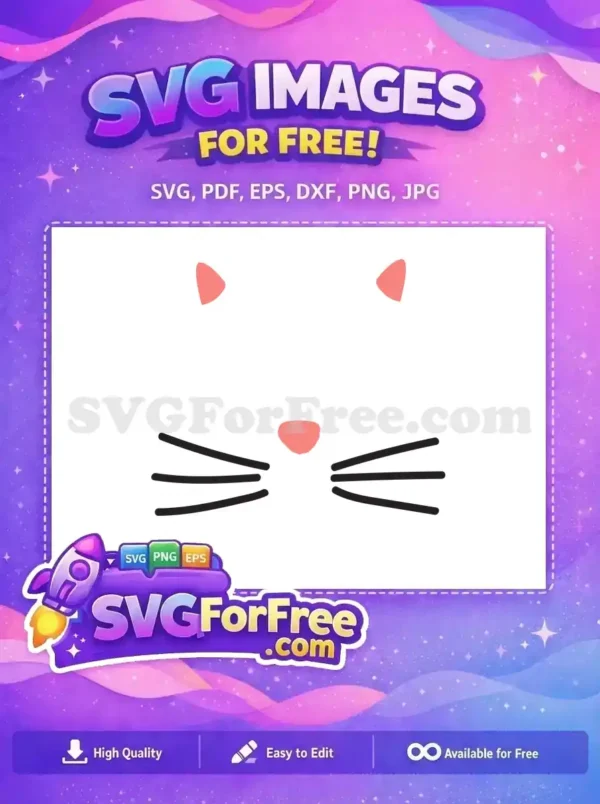 A free, minimalist cat face SVG with pink ears, a pink nose, and black whiskers, ideal for crafting projects.