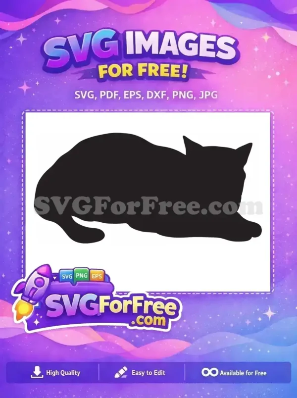 A free elegant black cat silhouette lying down, facing right, ideal for various creative projects. Download this free design now!