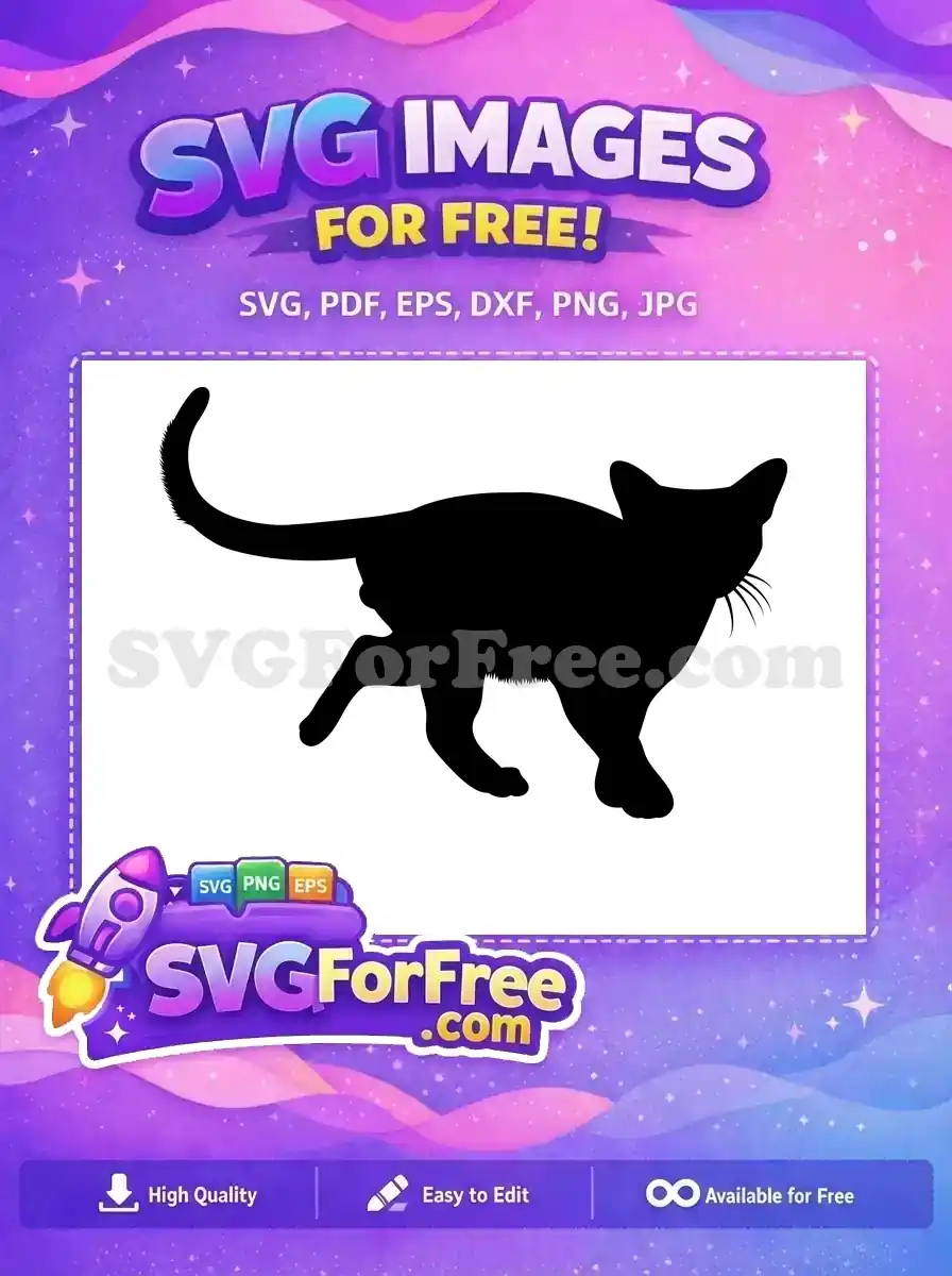 A free sleek black cat silhouette design, perfect for various creative projects. This free SVG features a walking feline.