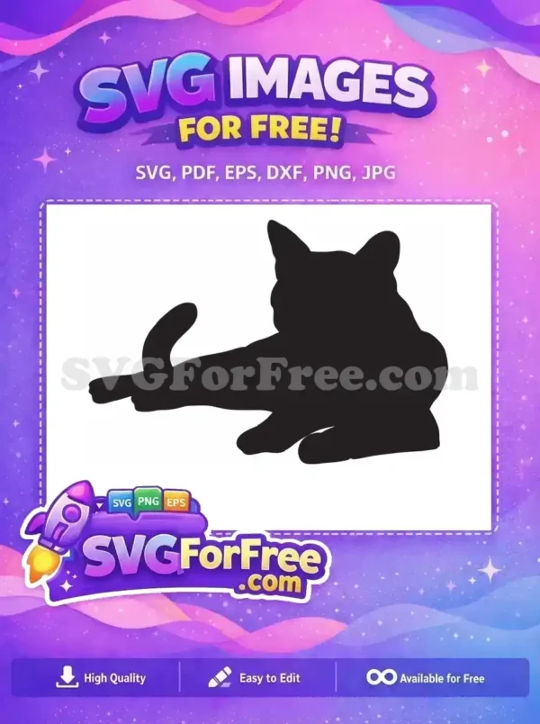 A free minimalist black cat silhouette lying down, tail curled. This free vector art is ideal for animal lovers.