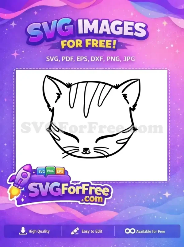 Free Cute Cat Face SVG Design – Adorable Pet Vector Art A cute, free cat face outline with closed eyes and whiskers, a versatile free design for crafting and digital projects.