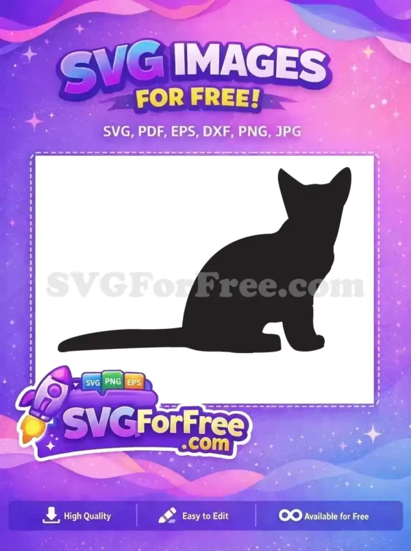 Free Cat Silhouette SVG Design – Elegant & Versatile A sleek, free black cat silhouette sitting gracefully, ideal for various design applications. Download this free SVG for crafts, decor, and more. A purr-fectly free vector for you!
