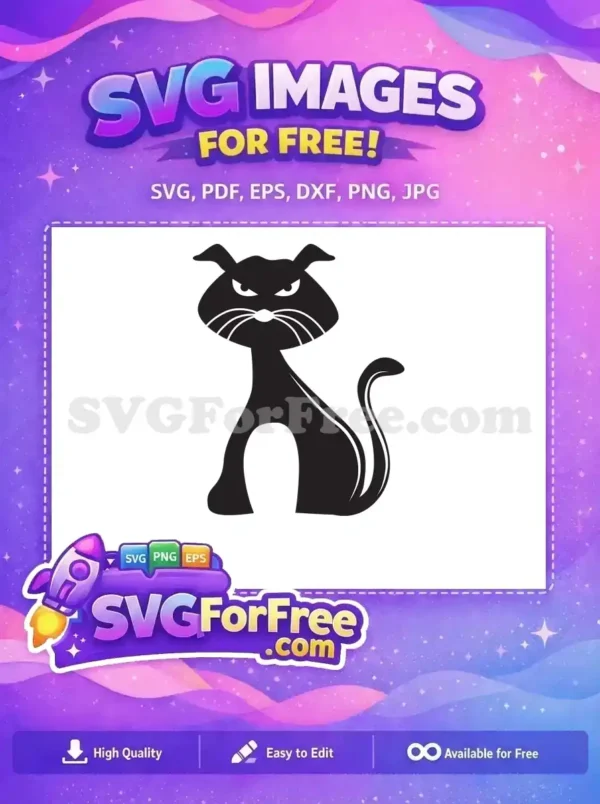 Free angry black cat SVG design, stylized with piercing eyes and prominent whiskers, ready for your creative projects. Download this free vector now!