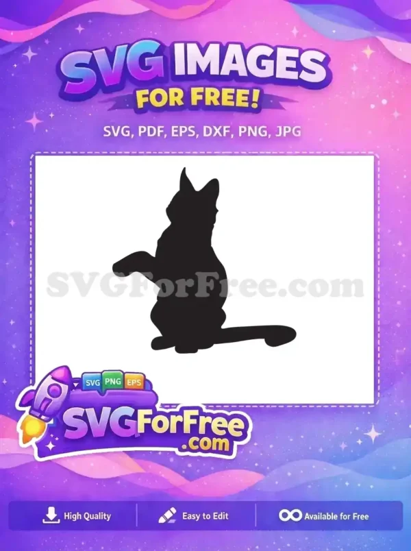 Free Cat Silhouette Design – Adorable Feline Vector Art A striking free cat silhouette vector, featuring a feline sitting with one paw raised, ideal for diverse projects. Download this free design today!