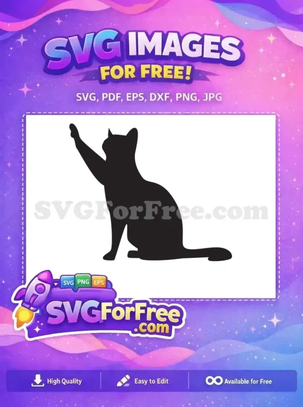 A free playful cat silhouette SVG, sitting with a paw raised, reaching upwards. Ideal for diverse crafting projects.