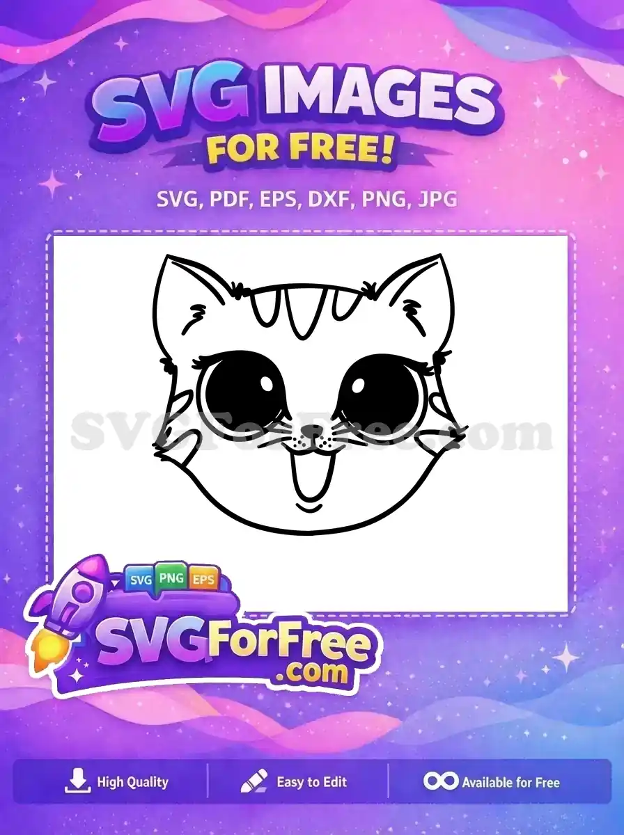 A charming free cat face SVG with large eyes and a playful expression, ideal for various creative projects. Download now!