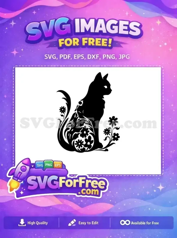 Free design featuring a majestic black cat silhouette, adorned with lovely floral and leaf motifs, ready for your creative projects.