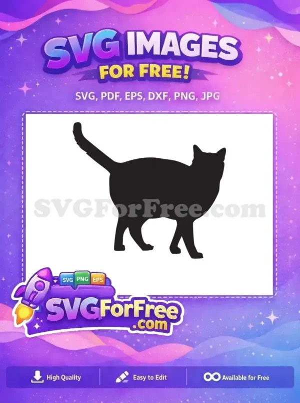 A free design featuring a sleek black cat silhouette standing with its tail raised, ideal for any free craft project.